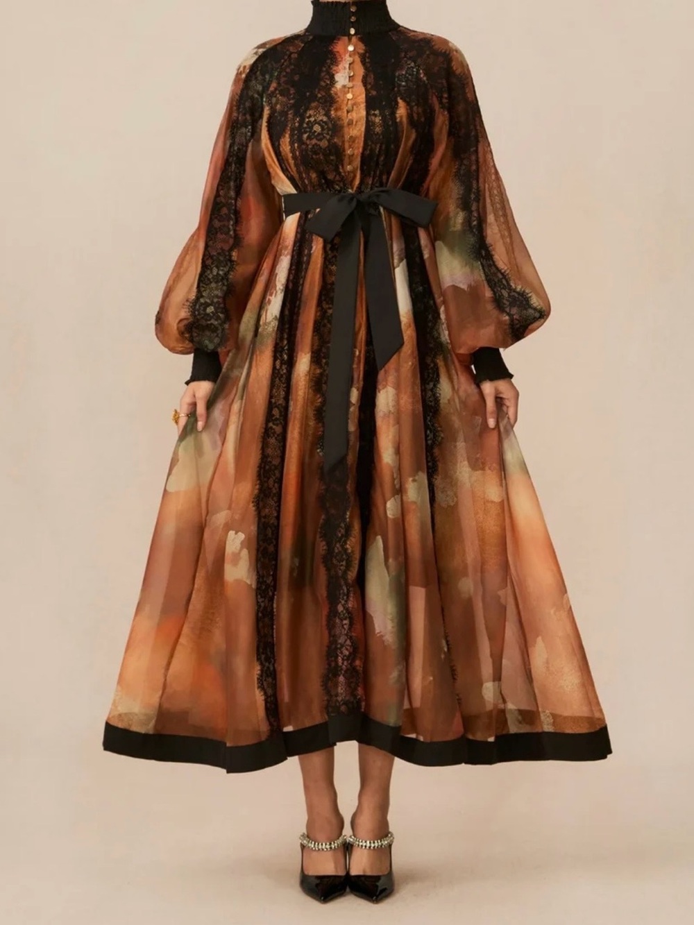 Elegant Brown Floral Lace-Trim Maxi Dress with Black Ribbon Belt